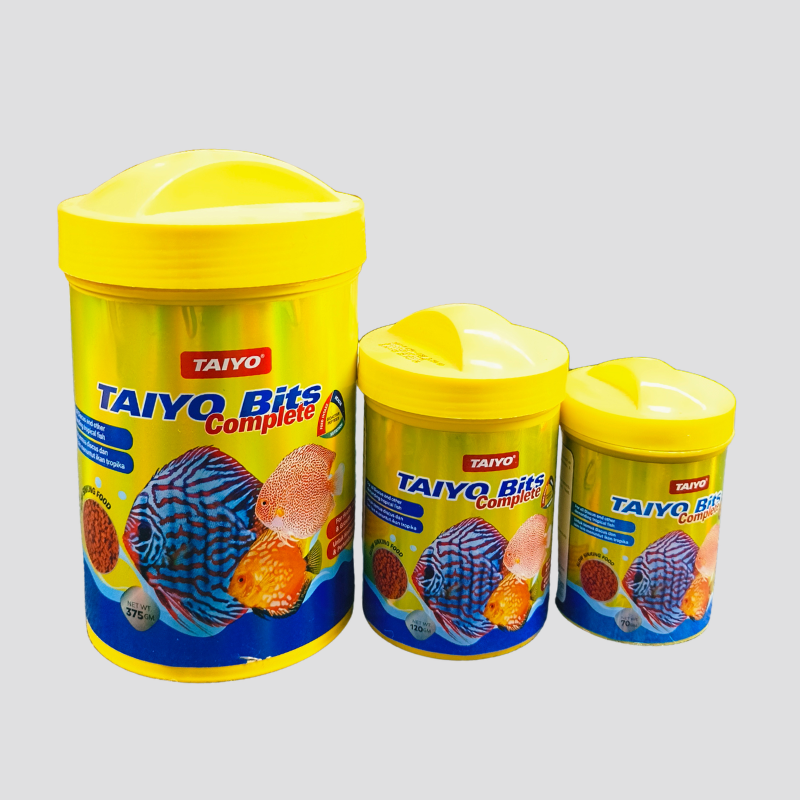 Buy Taiyo Bits Complete Fish Food, a slow-sinking pellet feed for aquarium fish that supports healthy growth, colour enhancement, and immunity.
