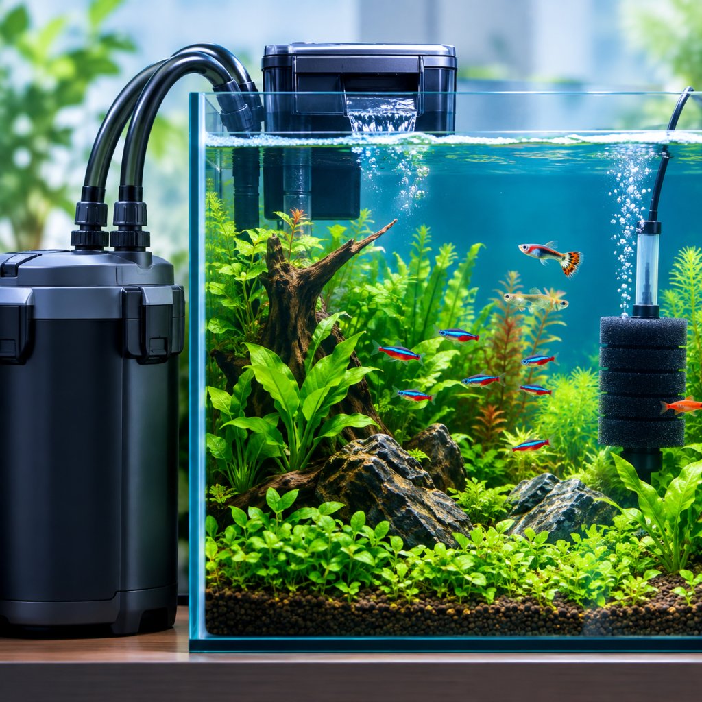 Aquarium fish tank filter types including internal, HOB, sponge and canister filters