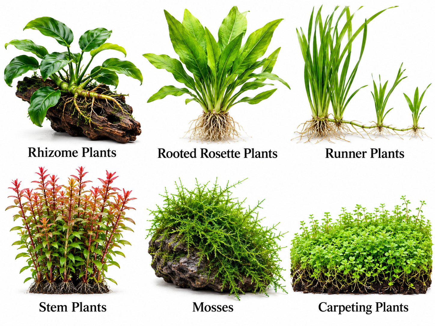 Aquarium plant types infographic showing rhizome, rooted rosette, runner, stem, moss and carpeting plants