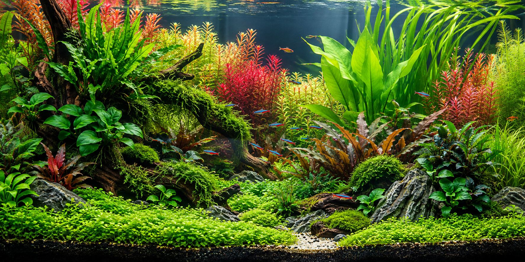 Lush neon planted aquarium aquascape