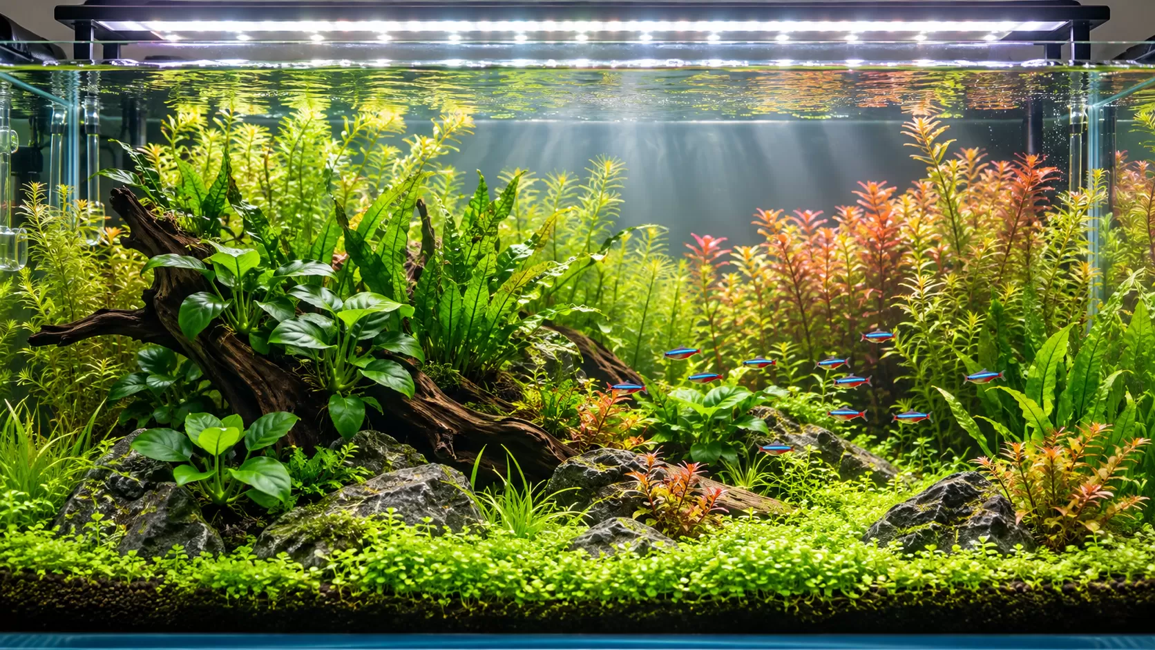 Aquarium plants receiving light from a planted aquarium LED